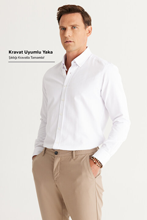 AC&Co / Altınyıldız Classics Erkek Beyaz Kolay Ütülenebilir Slim Fit Dar Kesim Oxford Düğmeli Yaka Armürlü Pamuklu Gömlek
