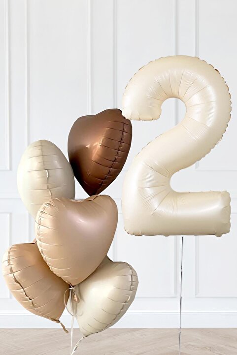 PEKSHOP Retro Krem Yaş Balonlu Karamel Kahve Kalpli Retro Doğum Günü Yaş Balon Seti