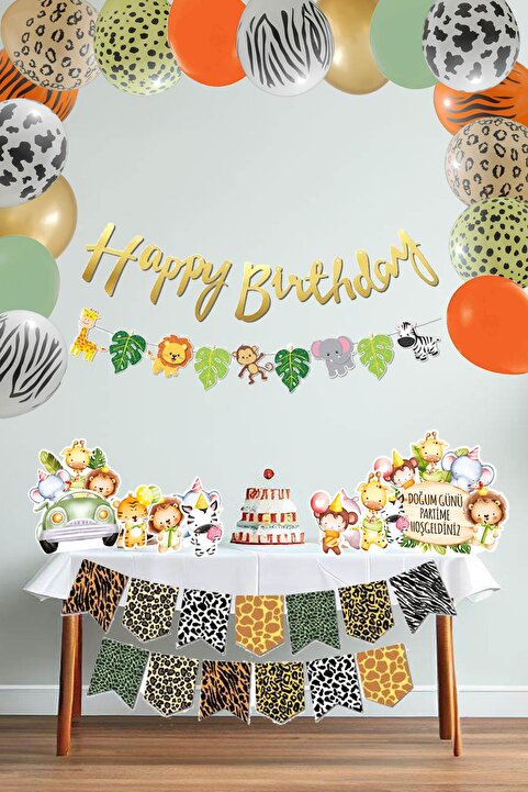 PEKSHOP Safari Doğum Günü Lüks Parti Seti Balon Zinciri Flama Masa Üstü Ayaklı Panolar Seti Maxi 84 Parça