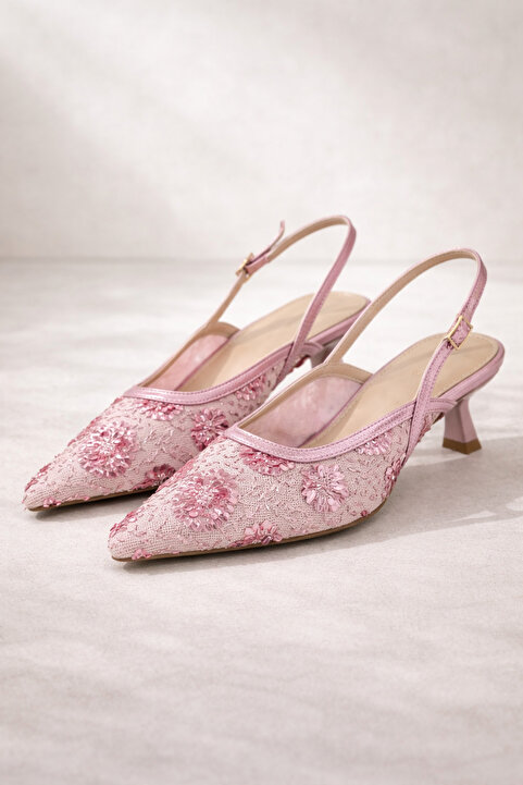 Best Cover ROSABELLA Kadın Pembe Pul Boncuk İşlemeli Tül Detaylı İnce Topuklu Slingback Abiye Ayakkabı
