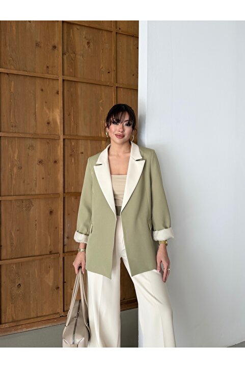 HOEK Kadın Krem-Açık Haki Oversize Blazer Ceket Palazzo Pantolon Takım Elbise