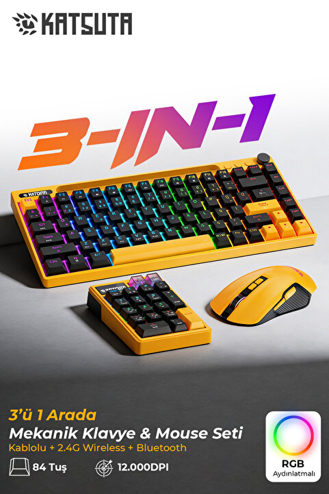 Katsuta RED Switch RGB Gaming Oyuncu Klavyesi Şarjlı Kablosuz, Kablolu Kullanım 3in1 Klavye Mouse Numpad Set