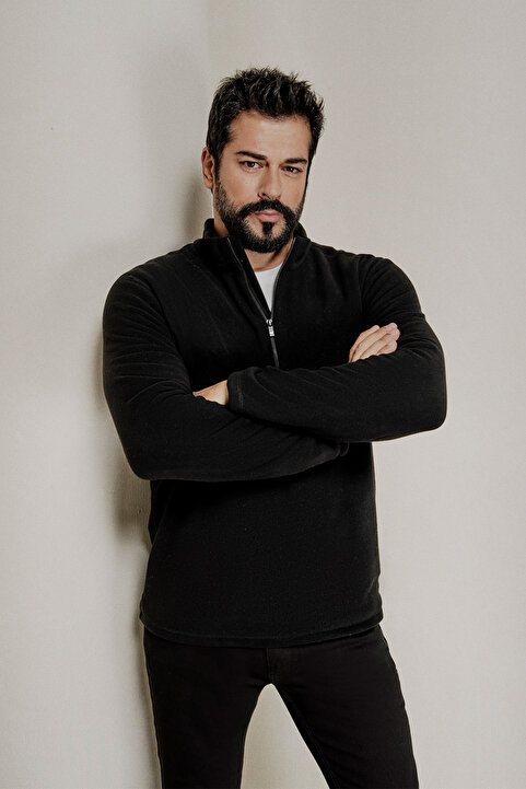 AC&Co / Altınyıldız Classics Erkek Siyah Anti-pilling Tüylenme Yapmayan Standart Fit Dik Yaka Soğuk Geçirmez Polar Sweatshirt
