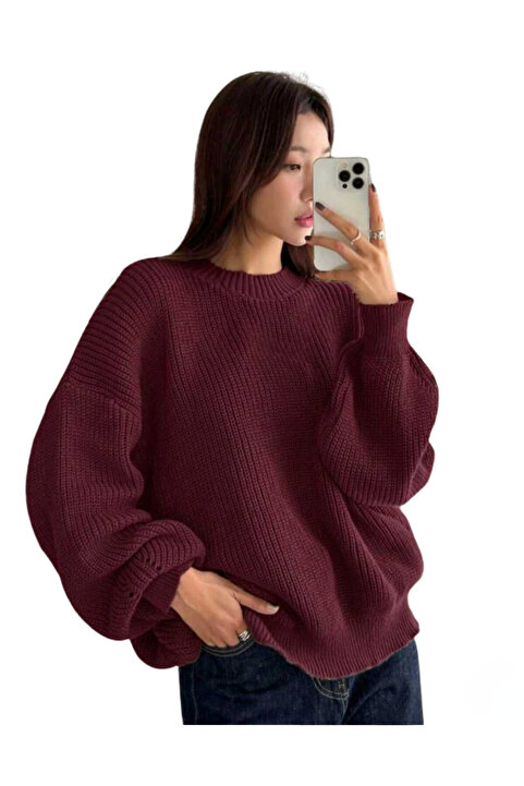 MODASPARK Bordo Bisiklet Yaka Oversize Kadın Triko Kazak
