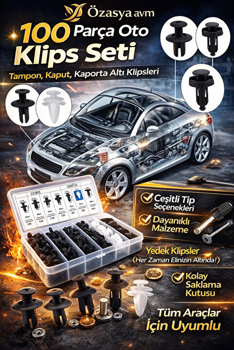 Özasya AVM 6 Boyutu 100 Adet Oto Fastener Klips Tampon Kapı Pervazı Tutucu Raptiye Seti