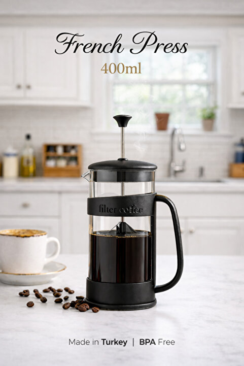 GENCHOME HOMEWARE French Press 400 ml – Filtre Kahve & Bitki Çayı Demliği, BPA Free, Isıya Dayanıklı