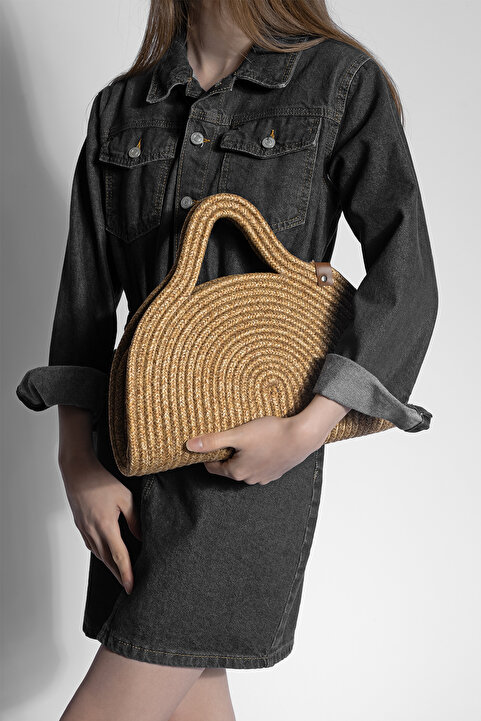 Marjin Kadın El Örgüsü Fermuarsız Kalıp Clutch & Portföy El Çantası Poger Bej Hasır