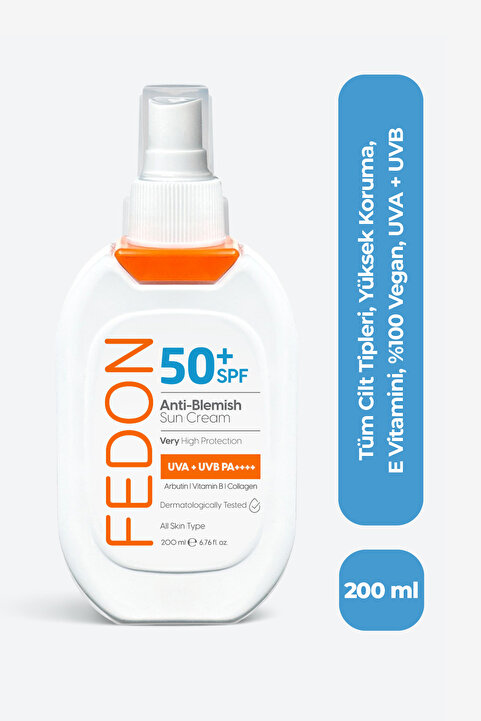 fedon SPF 50 Faktör Güneş Kremi 200 ml Yüksek Koruma Vegan Leke Karşıtı Suya Dayanıklı Vitamin B Kolajen