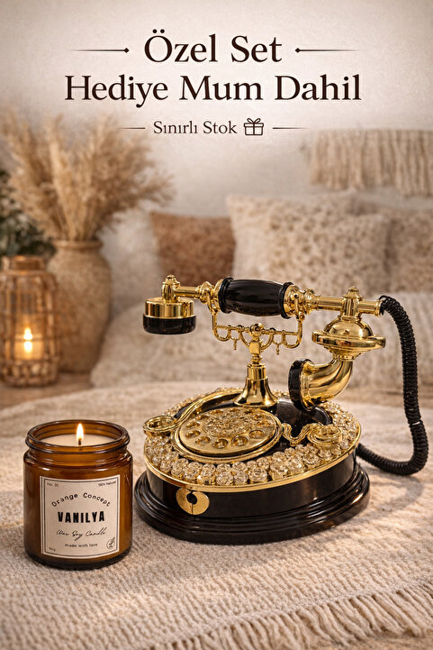 ORANGE CONCEPT Müzik Çalan Nostaljik Çevirmeli Telefon – Retro Gold Dekoratif Masa Aksesuarı - Mum Hediyeli