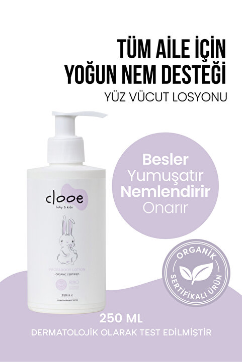 clooe Organik Sertifikalı Bebek Losyonu 250 ml - Yenidoğan & Hassas Cilt - Argan, Zeytinyağı, Huş