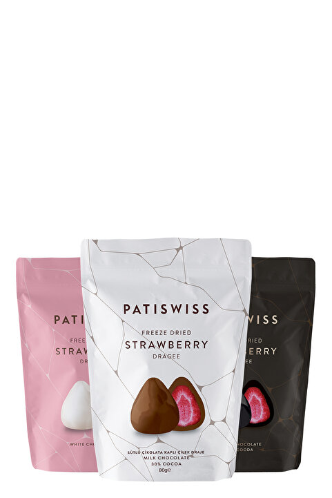 Patiswiss Sütlü, Bitter Ve Beyaz Çikolatalı Çilek Draje Seti, 80G X 3 Adet