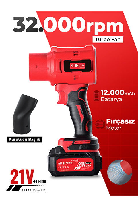 auhma AHV-18 Şarjlı Turbo Fan Hava Üfleyici Kırmızı - 21V Kömürsüz Motor (Brushless) - 32.000 RPM Ot