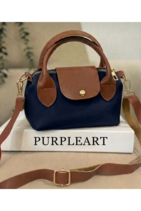 PurpleART Kadın Lacivert ve Taba Detaylı Çift Renkli Minimal Omuz ve Çapraz Çanta - Marine Stil