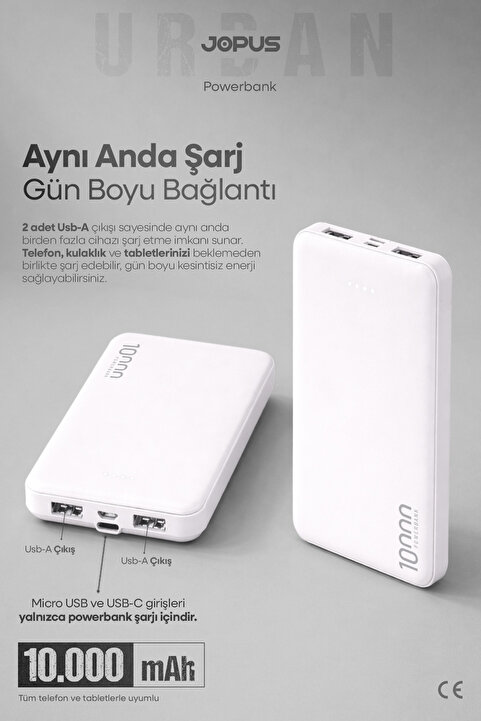 Jopus 10000mAh Powerbank - Led Işık Göstergeli - Taşınabilir Şarj Cihazı - Beyaz JP-P10