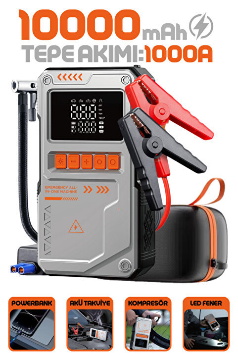 Enshall Jump Starter Auhma Akü 10.000 Mah Akü Takviye Cihazı 4'ü 1 Arada Powerbank, Çantalı Hava Kompresörü