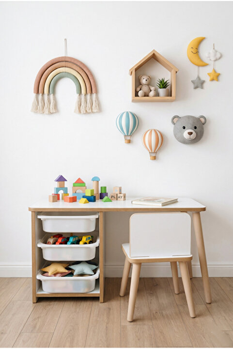 POFİTTO Çocuk Masa Sandalye Takımı 90x45 Cm 3 Sepetli Çocuk Çalışma Masası Aktivite Masası Yaz-sil