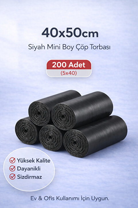 naft Çöp Torbası Siyah Mini Boy Küçük 40'lı 5 Rulo 40x50 Çöp Poşeti