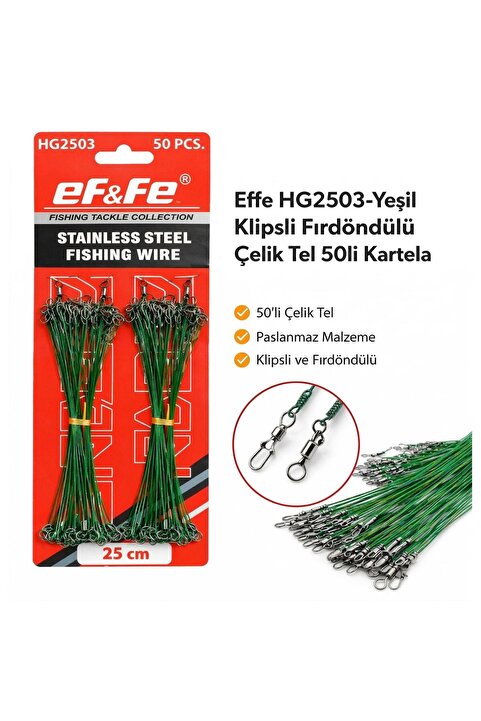 EFFE HG2503-Yeşil Klipsli Fırdöndülü Çelik Tel 50li Kartela 25cm