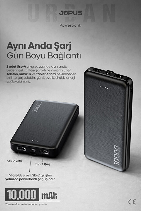 Jopus 10000mAh Powerbank - Led Işık Göstergeli - Taşınabilir Şarj Cihazı - Siyah JP-P10