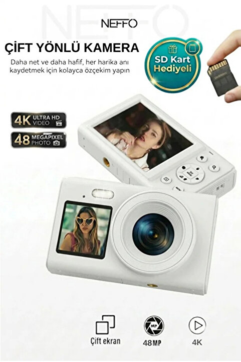 NEFFO 4K Dijital Retro Video Kamera 48MP Flaşlı Kart Dijital Vlog Fotoğraf Makinesi