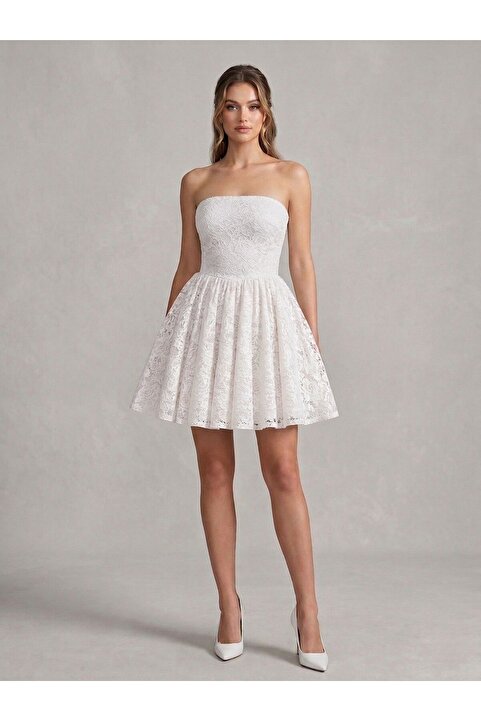 Tangül&Ali'S Moda Evi Dantel Straplez Beyaz Mini Elbise