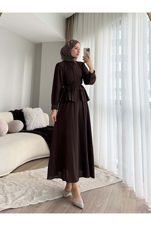 Miraydın Butik Kadın Fırfır Gömlekli Etekli Takım M2512 - Kahverengi