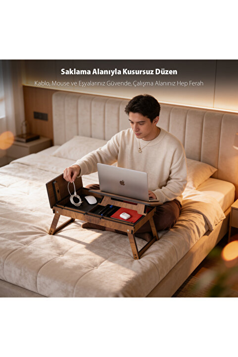 Vigo Wood Katlanır Ayaklı Ayarlanabilir Laptop Sehpası Telefon Bölmeli Bilgisayar Çalışma Sehpası