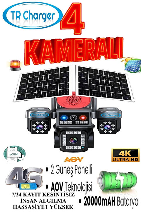 TRCharger 4 Kameralı E-SIM Güneş Enerjili Güvenlik Kamerası – Çift Güneş Paneli, SIM Kartlı AOV Akıllı Kamera