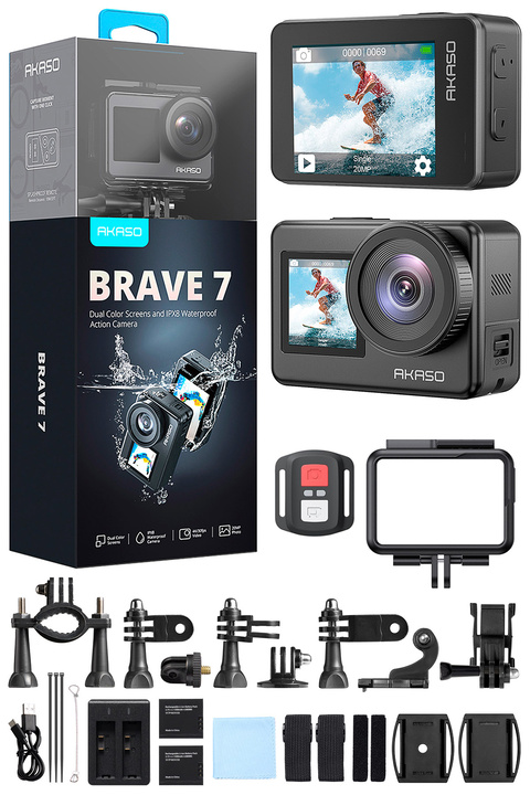 AKASO Brave 7 4k/30fps 20mp Wi-fi Dual Screen Aksiyon Kamera Ve Aksesuar Seti, App Kontrollü, Ipx8