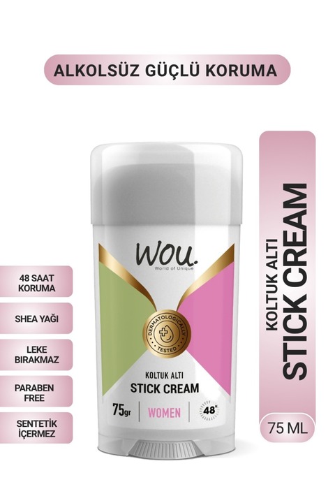 WOU World of Unique Stick Krem, Koltuk Altı Terleme Önleyici 48 Saat Etkin Koruma Vegan, Kadın Koltuk Altı Stick 75ml
