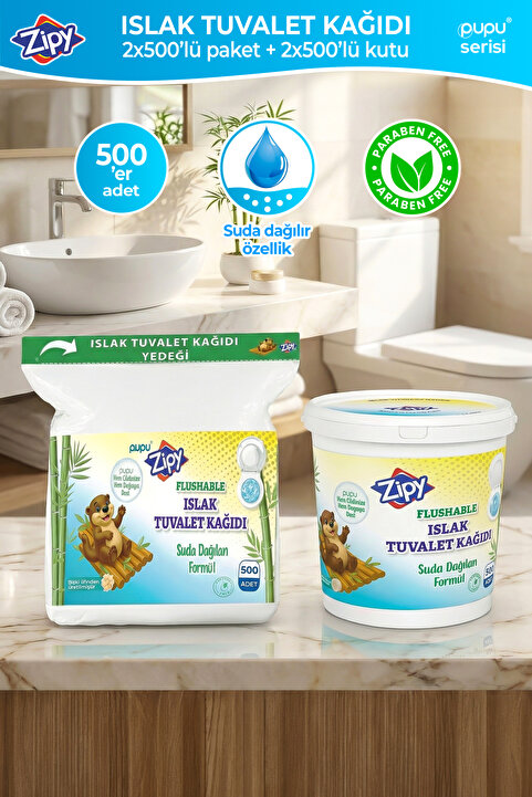 zipy Flushable Yedek Ürün ile bilrlikte Islak Tuvalet Kağıdı Kovalı 1000 Adet'li