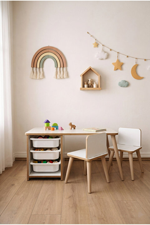 POFİTTO Çocuk Masa Sandalye Takımı 90x45 Cm 3 Sepetli Çocuk Çalışma Ve Aktivite Masası Yaz-sil,2 Sandalyeli