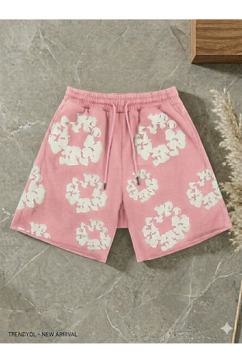 classy moda Oversize PEMBE Şort - 3D Puff Kabarık Çiçek Baskılı Pamuklu Şort