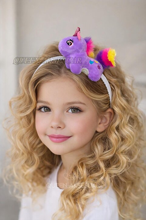 QUEEN AKSESUAR Sevimli pofuduk peluş tüylü lila mor unicorn 3d boyutlu oyuncaklı taç çocuk tacı