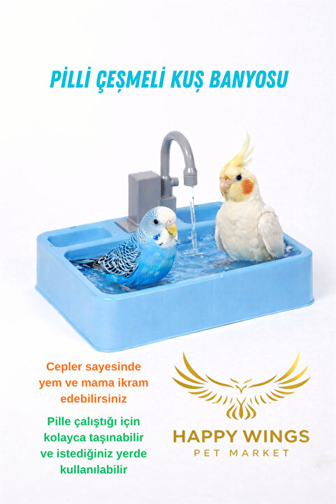 Happy Wings Pet Market Kablosuz Otomatik Çeşmeli Kuş Duşu ve Banyosu Eğlenceli Oyun Alanı Sebze Meyve ve Mama Yuvalı Daldarı Takılabilir Slotlu