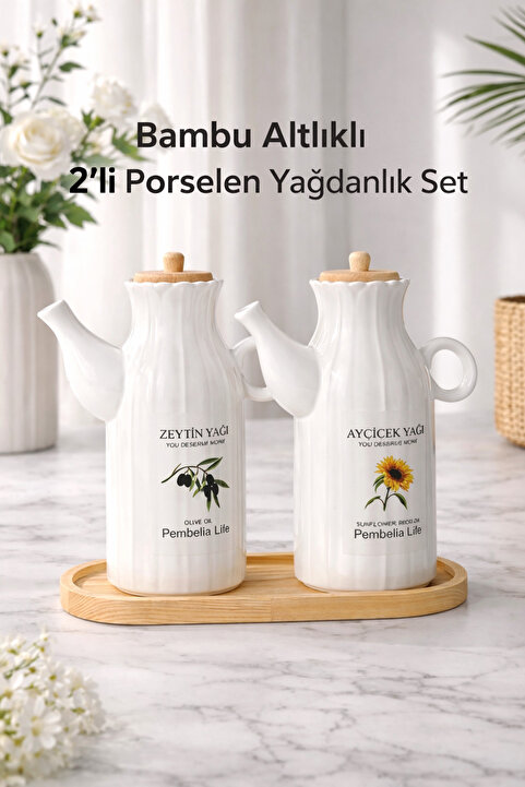 Pembelia Life 2 Adet 1 Lt Porselen Yağdanlık Ve Bambu Altlık Seti_Yağlık Sirkelik Her Biri 1000ml