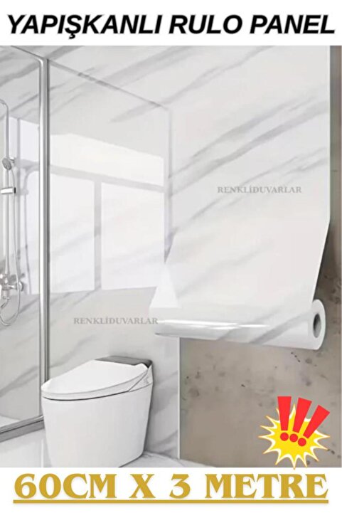 Renkli Duvarlar 60cm x 3 Metre Tek Parça Rulo Shiny Beyaz Mermer Desenli Banvo Salon Yapışkanlı Duvar Paneli Kağıdı