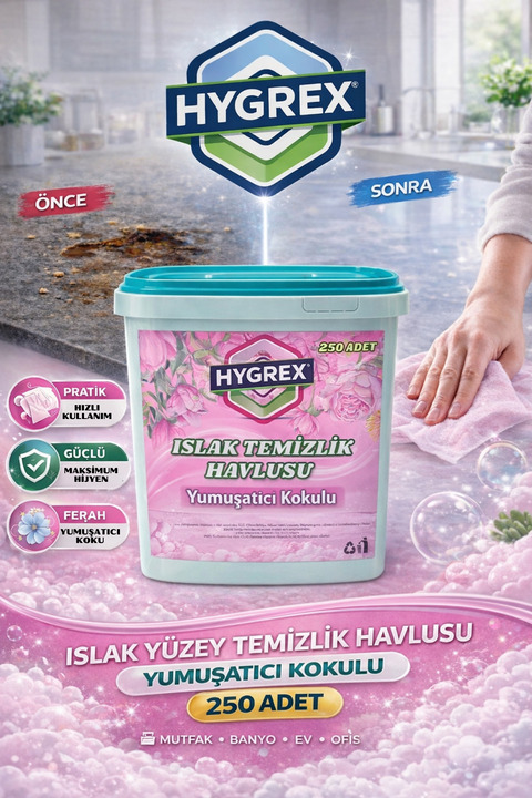 HYGREX Yüzey Temizlik Havlusu Yumuşatıcı Kokulu Islak Kova Mendil 250 Adet Ev Ofis Tüm Yüzeyler