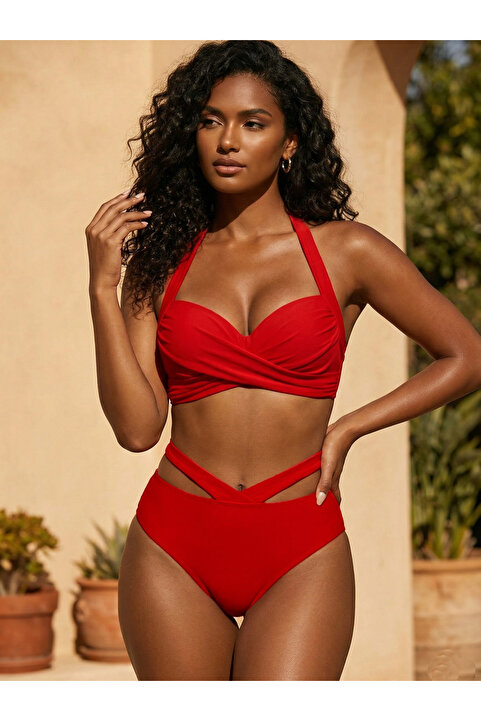 EZRA Bikini Takım Özel Tasarım Kaplı Tel Balen Destekli Çapraz Kırmızı Bikini Takım