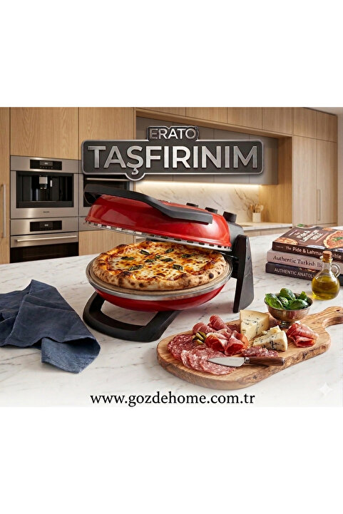 gözdehome A. Kırmızı Erato Taşfırınım Pizza Makinesi, Lahmacun Makinesi Doğal Taş Fırın - Timer - 400 °c