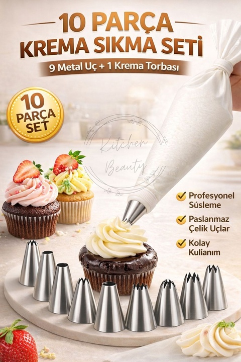 Kitchen Beauty Krema Sıkma Torbası Seti 10 Parça Pasta Krema Kek Süsleme Torbası Paslanmaz Çelik Uçlu