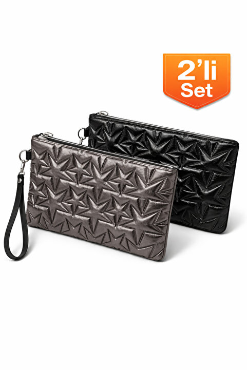 Adelina Bags 2'li Çanta Paketi Yıldız Desenli Portföy El Çantası Bilek Askılı Clutch Çanta