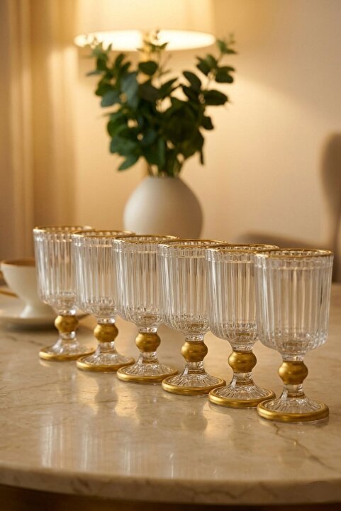 PLT Design 6'lı Yaldızlı Julia Kahve Yanı Su Bardağı Kristal Ayaklı Su Bardağı 100ml