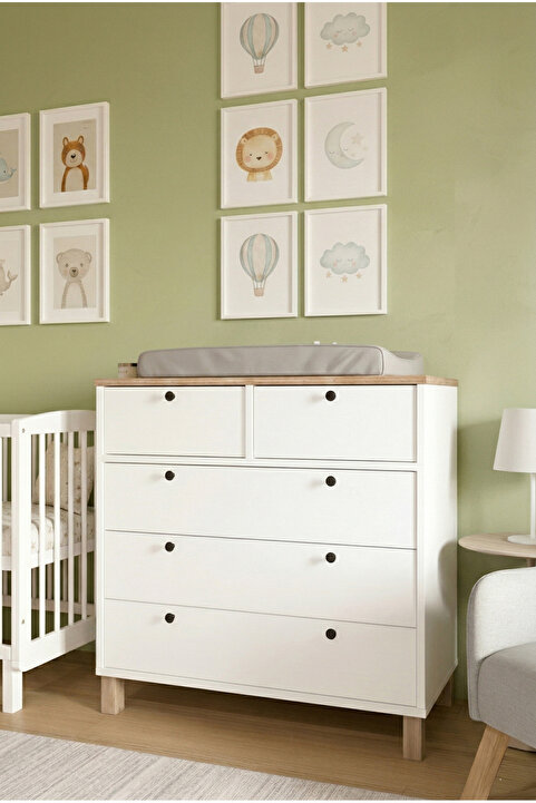 Robin Home Merlin Bebek Odası Çocuk Odası Şifonyer 5 Çekmece Ahşap Ayaklı Beyaz-Sepet