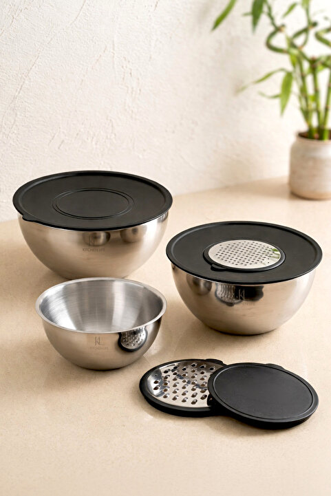 Kitchen Life Paslanmaz Çelik Profesyonelia 9 Parça Rendeli Karıştırma Kabı ve Saklama Kabı - Çırpıcı Kase