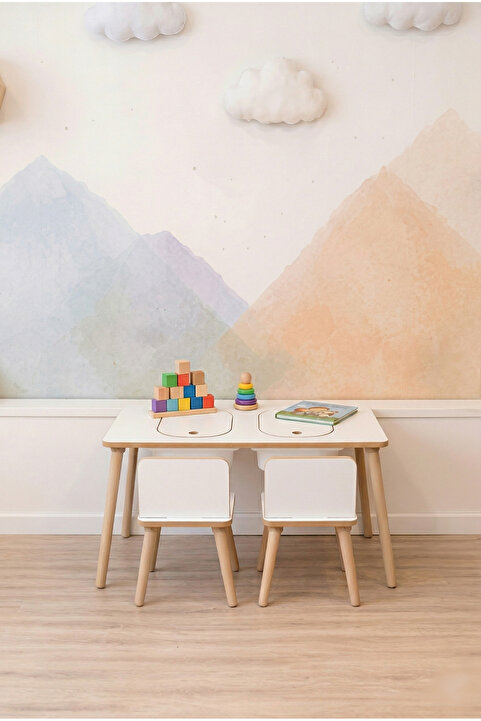 POFİTTO Montessori Çocuk Masası-oyun Masası-aktivite Masası-çalışma Masası-etkinlik Masası 2 Sandalye