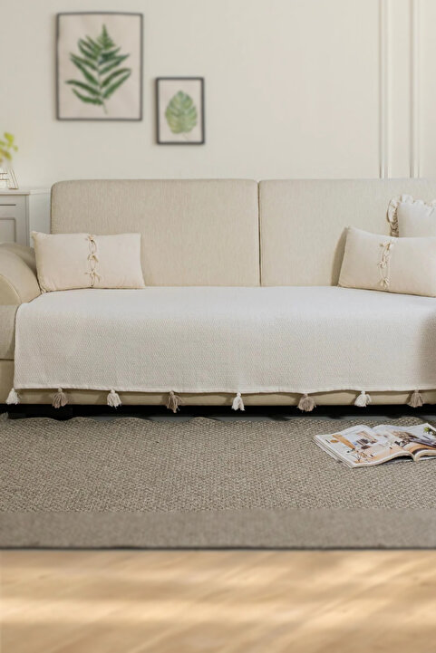 Lux Touch Liva Ponponlu Ekru Koltuk Örtüsü 115 x 200 cm Kanepe Divan Çekyat Berjer Örtüsü Şalı Püsküllü
