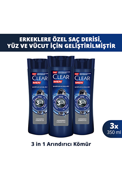 Clear Men 3 in 1 Şampuan & Duş Jeli Arındırıcı Kömür Saç Yüz Vücut İçin 350 ml x3
