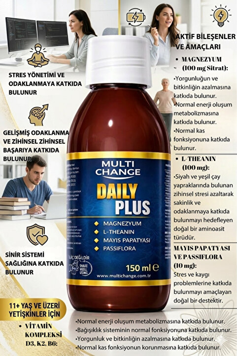 Multi change Daily Plus | Magnezyum, L-Theanin, Papatya ve Passiflora İçeren Sıvı Takviye Edici Gıda 150ml