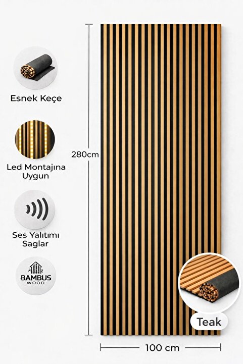 DETAYPOLİURETAN Mdf Ahşap Akustik Duvar Paneli 100x280 Cm ( Teak )